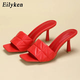 New Design Red Green Shallow Women Slippers Square Toe Print Thin High Heel Summer Wedding Party Sandals