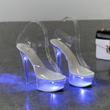 Breakj 34-43 Sexy Super High Heels Luminous Thin Heel Waterproof Platform Sandals Transparent Model Crystal Shoes Wedding