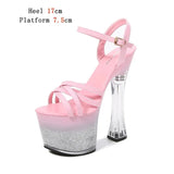 2023 New Platform Sandals Women Summer Sexy Square Heel Cross Belt High Heels 17cm Bling Ladies Strip Pole Dance