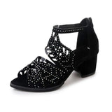 Spring And Summer Korean Version Of The Heel Fish Mouth Hollow Sandals Women Zipper Thick Heel Rhinestone Women's Shoes Plus