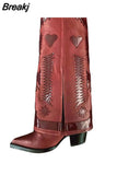 Retro Woman Long Boots Genuine Leather Sewing Embroider Strange Heels Animal Picture Pointed Toe Women Knee High