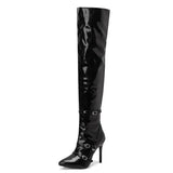 Winter Thin Heels Thigh Boots Women Pointed Toe Over the Knee Boots Big Size 48 Buckles Stiletto Patent Leather Zip