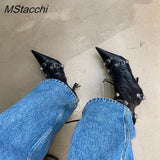 Women Pointed Toe Short Boots Metal Decoration Punk Motorcycle Botines Mujer Women's Ankle Boots Rivet Tassel High Heels