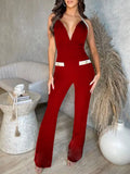 Summer Casual Sleeveless High Waist Jumpsuit Sexy Deep V-Neck Sling Slim Jumpsuit Fashion Solid Backless Micro-Flare