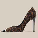 Breakj New Small Design Metallic Iron Head Leopard Tip High Heel Shoes Shallow 10 Cm Fine Heel Single Shoes