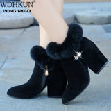 Boots Women Fur Winter Warm Pointed Ankle Boots Sexy Rhinestone Decoration Zipper Women Boots Comfortable Female