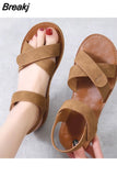 Summer Women's Sandals PU Hook Loop Woman Flat Shoes Open Toe Classic Ladies Sandals Casual Rome Soft Leather Beach
