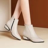 Winter New Pointed Solid Side Zipper with Square Heel Leather Outer Wear Women's Warm Versatile Comfortable Naked