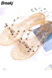 Women Summer Glitter Flat Flip-Flops Transparent Rivets Slippers Ladies Soft Rubber Beach Flip Flops Crystal Outdoor Sandals