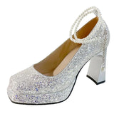 2023 Luxury Glitter Sequins Pumps Women Pearls Strap Bling Wedding Party Shoes Woman Square Toe High Heels Shoes