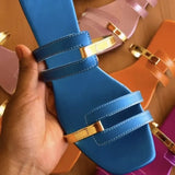 Women Square Toe Gold Pu Flats Outdoor Slippers Casual Ladies Summer Shoes Mature Open Toe Design Slides Slingback