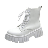 Chunky Platform Ankle Boots Women Pu Leather Square Heels Combat Booties Woman Black White Lace Up Short Boots