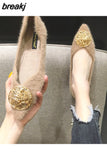 Metal Buckle Mink Fur Ballet Flats Women Pointed Toe Warm Plush Loafers Female Outdoor Winter Mules Shoes Big size