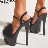 Sexy 17cm Red High Heels Platform Pole Dance Stripper Shoes Women Fashion Fur Fuzzy Peep Toe Buckle Strap Wedding