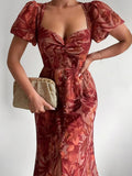 New Puff Sleeve Maxi Boho Dresses Women Sexy Low Chest V Neck Chic Dress 2022 Elegant Pattern Print Button Slit Long Party
