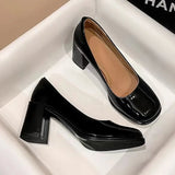 Patent Leather Women Pumps Shoes 2023 Elegan Office Black High Heels Shoes Woman Shallow Mouth Square Toe Pumps