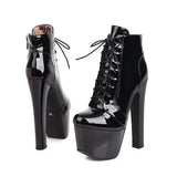 Autumn Winter Ankle Boots Women Sexy Nightclub Solid Patent Leather Pumbs Cross Lace-Up PU Platform Shoes Size