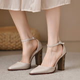 Women's Pumps Vintage Pointed Toe Chunky Heel Strange Style Lattice Hollow High Heels Party Leather Shoes Plus Size