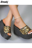 Wedge High Heeled Women Sandals New Arrived 2023 Bling Sequin Lady Slipper Peep Toe Comfort Walk Causal Sandals Plus