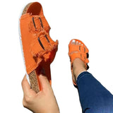 Summer Women Fashion Canvas Cork Slippers Casual Double Buckle Tassel Clogs Slides Non-slip Outside