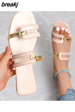 Women's Slippers 2023Summer Gold color Thin belt combination Square Head Flat Heel Female plus size outdoor beach women