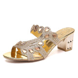 2023 Summer Korean Rhinestone Slippers Women Wear Thick Heel With One-Flops Large Size