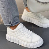 Women Autumn Pu Leather Sneakers Sewing Lace-Up Platform Flats Vulcanized Shoes Thick Sole Brief Casual White Black Canvas