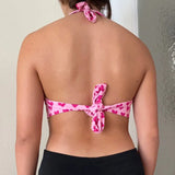 Heart Print Backless Halter Bra Corset Top Deep V Neck Sexy Sleeveless Crop Top Summer Tie Up Tank Tops Tees
