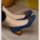 Women Spring Pumps Fasion French Retro Square Toe Brushed Metal Thick Medium Heels Boat Female Slip-on Professional Shoes