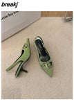 Spring New Brand Pointed Toe Slingback Shoes Thin Heels Shallow Slip On Ladies Elegant Sandals Green Pumps For Dress