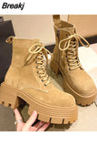 Fashion Boots Woman Boots-Women Round Toe Lace Up Flat Heel Punk 2023 Rock Ankle Autumn Ladies Med PU Lace-Up Basic