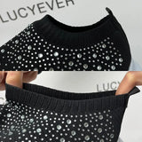 Shiny Crystal Knitted Sneakers Women 2023 Spring Breathable Mesh Flats Woman Plus Size Slip on Running Casual Shoes