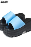 Dropship 2023 Summer Brand New Women Single Band Platform Sandals Black Nylon Chunky Platform Wedges Slipper