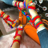 Chunky Buckle Strap High Heels Sandals Mixed Color Platform Women Square Heels Sandals Summer Banquet Dress