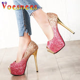 Sequin Fish Mouth High Heels With Gradient Color Trend Women's Shoes European And American Sexy Thin Heels Single