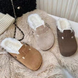 Women's Slippers 2023 Autumn Winter Leather Round Toe Slippers Couple Slippers Outdoor Casual Keep Warm Women Suede Slides
