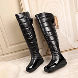 Winter Warm Over the Knee Snow Boots Women Thick Cotton Padded Down Waterproof Shoes Bow Patchwork Leather Wedge Long