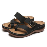 Summer Women Wedges Slippers Med Heel Platform Shoe with Metal Buckle Casual Lady Sandal