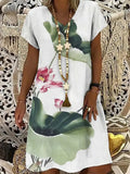 Summer Chic Printed Mid Length Pullover Dress Ladies Elegant V-Neck Short Sleeve Loose Resort Dress Retro A-Line Skirt