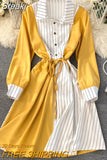 New Spring Summer Striped Print Patchwork Long Sleeve Shirt Dress Women Casual Buttons Lace-up Sash A-line OL Work