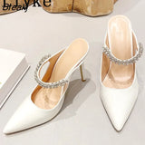 Brand Fashion Rhinestone Women Pumps White Leather Thin High Heels Mules Sandals Sexy Pointed Toe Stiletto Shoes