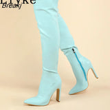 Autumn Winter Brown Leather Pointed Toe Over The Knee Thigh High Boots Women Fashion Zip Square Heels Motorcycle