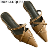 Pointed Toe Flat Heel Mules Shoes Women Closed Toe Outdoor Slippers Elegant Slide Narrow Band Sandal Brand Rivet