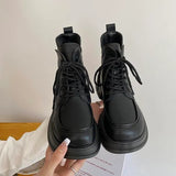 Boots Rock Shoes Woman Boots-Women Flat Heel Luxury Designer Round Toe Lace Up Winter Footwear 2023 Ankle Med Lolita