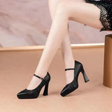 Spring Autumn Season New Fashionable Pointed Solid Leather Surface Light Mouth Flat Buckle High Heel Women's Single
