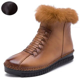 Handmade Genuine Leather Women Boots Rabbit Fur Flat Ankle Boots Women Snow Boots Winter Warm Casual Shoes Botas