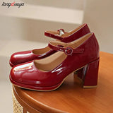 High Heels Shoes Female 2024 Sexy Ankle Straps Black Red Heeled Mary Jane Shoes Thick-Heeled Party Dress