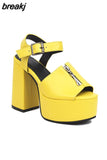 Zipper Embellished Super High Chunky Heel Square Toe Peep Toe Sandals High Waterproof Platform Ankle Belt Buckle