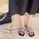 Summer 2023 Flat Shoes Women Open Toe Large Size Ladies Beach Slippers with Pearl Female Slides Women's Flip Flops