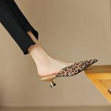 New Pointy Thin Heel Baotou Mid-heel Half Slipper Female Leopard Print All-match